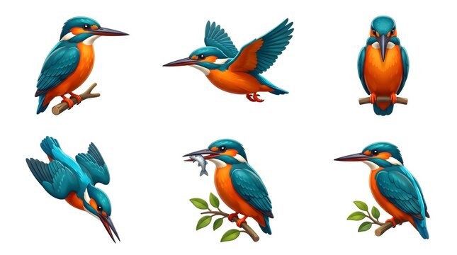 Six kingfisher birds collection set cute cartoon kingfisher illustrations isolated on white background