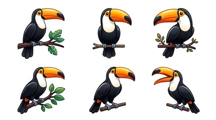 Naklejka premium Six toucans perched on branches collection set cute cartoon toucan illustrations isolated on white background
