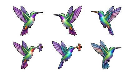 Fototapeta premium Six vibrant hummingbirds collection set colorful cartoon hummingbird illustrations isolated on white background