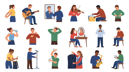 Fototapeta premium Diverse People Daily Life Routine Hobbies Flat Vector Illustration Set
