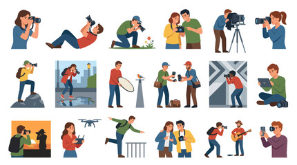Fototapeta premium Flat Vector Illustration of Photography Professionals and Hobbyists with Cameras and Equipment Collection