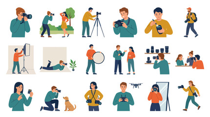 Fototapeta premium Flat design illustration set of photographers and camera equipment in the photography industry.