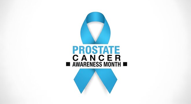 Blue ribbon symbol for prostate cancer awareness month with bold text design