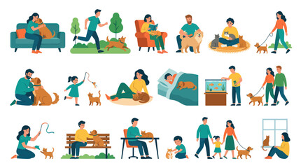 Fototapeta premium Flat Vector Illustration of People with Pets, Family, Dogs, Cats, Animals, Lifestyle