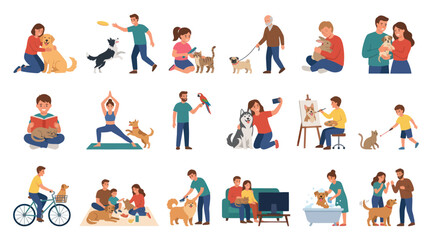 Fototapeta premium Diverse People Enjoying Pets: Dog, Cat, Bird, Rabbit Activities Flat Art