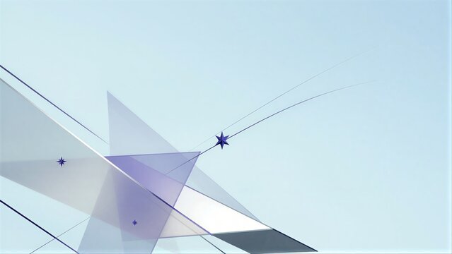 Geometric shapes float against a soft blue sky, stars gleam along connecting lines.