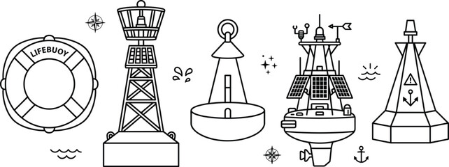 Nautical buoy icon set with marine lifebuoy floating navigation markers and weather station © PJ DeSign