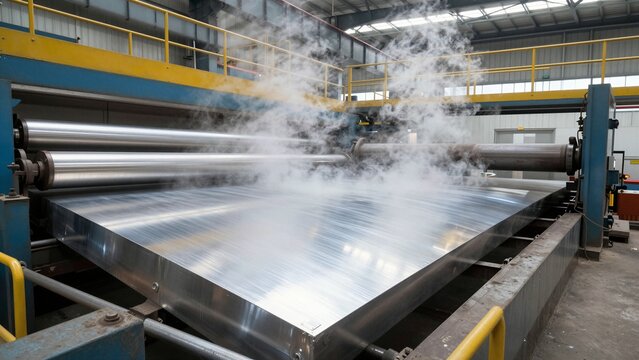 Large industrial machine rolling steel sheets in a factory setting with steam rising.