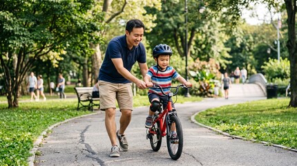 Obraz premium Father teaching son to ride a bicycle in a sunny park with lush green trees and a paved path