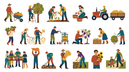 Fototapeta premium Farmers Harvesting Crops and Working on a Farm - Flat Illustration