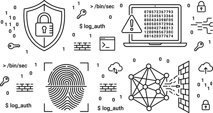 Cybersecurity programming and network firewall line icon set featuring biometric fingerprint scanner laptop coding encryption and security keys