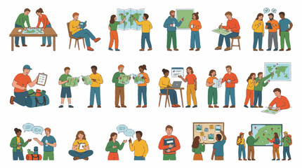Fototapeta premium Flat Style Vector Icons: People Planning Travel, Navigation, and Tourism