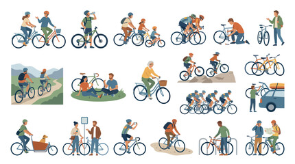 Fototapeta premium Healthy Lifestyle People Cycling Activities Flat Vector Illustration Set: Outdoor Recreation, Sport Urban Commuting.