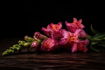 Fototapeta premium Pink snapdragon flowers resting on dark wooden surface