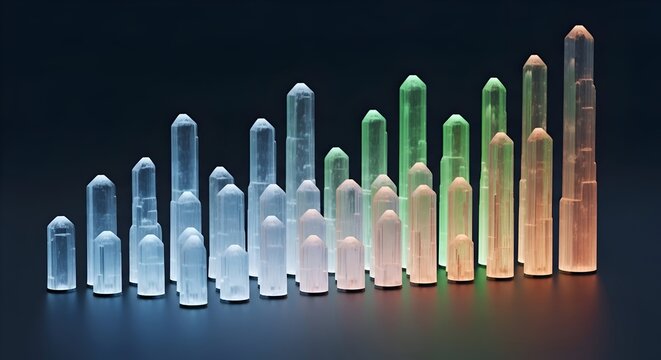 Array of colorful crystal points arranged in ascending size and gradient of color against a dark background