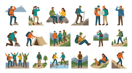 Fototapeta premium Diverse Hikers Outdoor Activities Camping Recreation Flat Vector Set