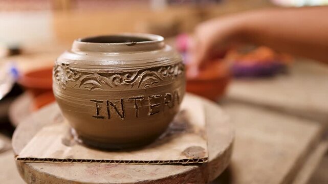 Artisan Hand Carving Intricate Patterns on Traditional Thai Clay Pottery