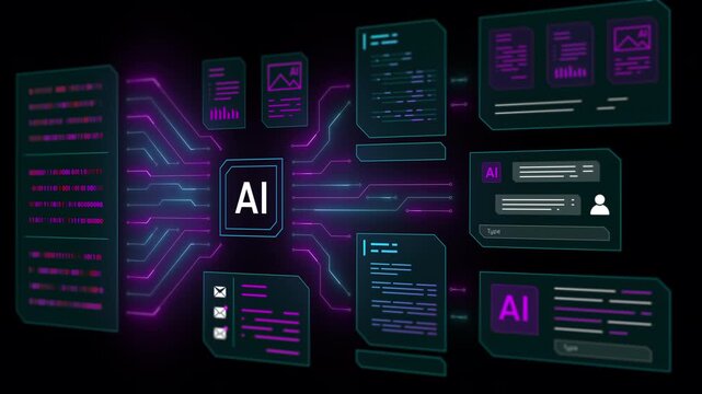 High tech virtual screen showing AI central core processor with glowing circuit paths and information display panels.