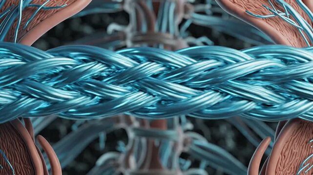 Blue metallic elastin fibers stretching and recoiling to show skin resilience and anti-aging