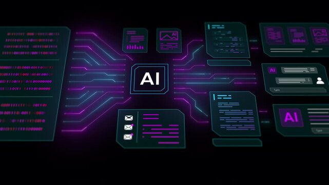 Flat tech interface focusing on artificial intelligence circuit network layout and software programming codes data.