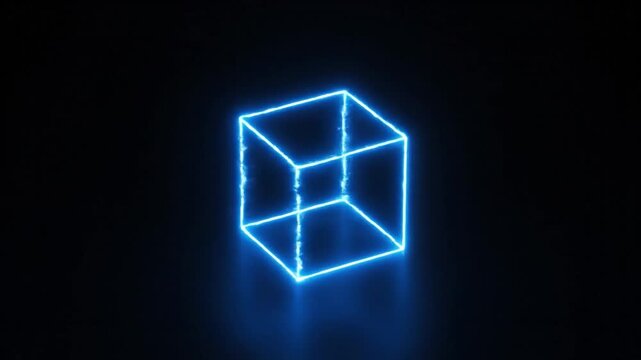 Blue neon cube wireframe rotating on a dark reflective surface with digital glitch effects