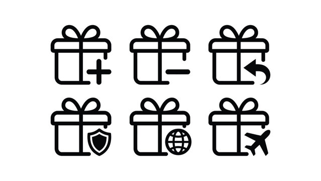 Gift box icons with medical subtraction export security global and travel symbols black silhouette