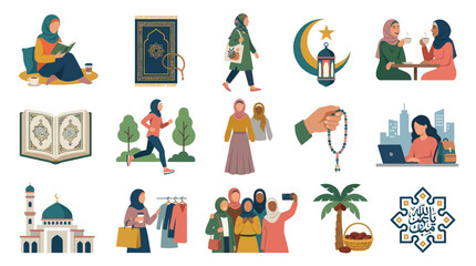 Fototapeta premium Islamic Lifestyle Vector Icons: Women, Mosque, Quran, Prayer Beads, Dates, Calligraphy