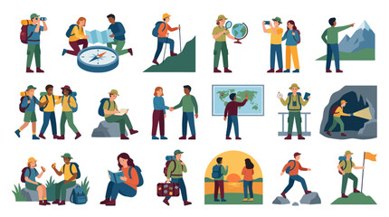 Fototapeta premium Flat Style Travel and Hiking Vector Icons Set