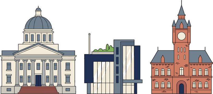 Classical government capitol building modern office facade and historic brick city hall architectural vector illustration collection.