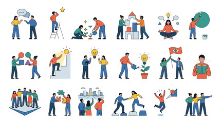 Fototapeta premium Teamwork and Collaboration: Business People Building Ideas and Achieving Success Flat Art