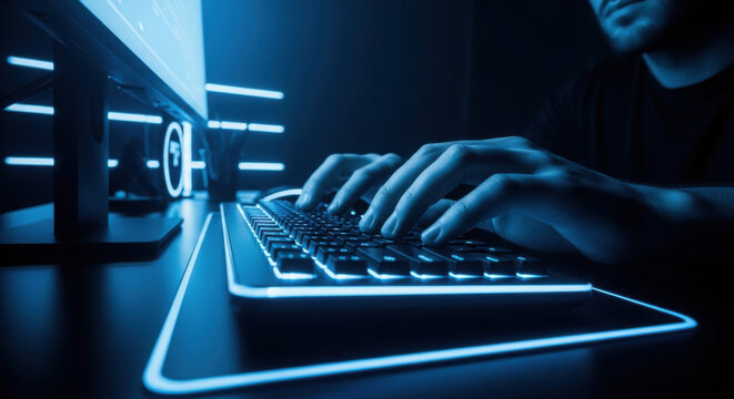 Futuristic Computer User Typing On Glowing Keyboard In Dark Room