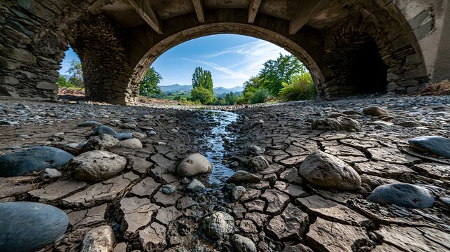 Austrocknender Gebirgsbach unter alter Steinbr&uuml;cke w&auml;hrend extremer Sommerhitze