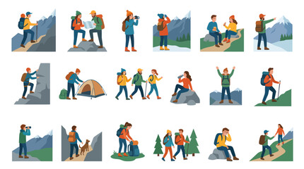 Fototapeta premium Hikers and Tourists Flat Vector Illustration Set for Outdoor Recreation and Adventure Travel.