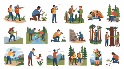 Fototapeta premium Environmental Science Nature Exploration Flat Vector Illustration Set: Researchers Outdoor Activities