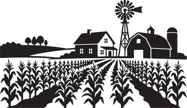 Vintage farm landscape vector illustration, rustic farmhouse with barn and windmill, corn field agriculture scene in black and white woodcut style