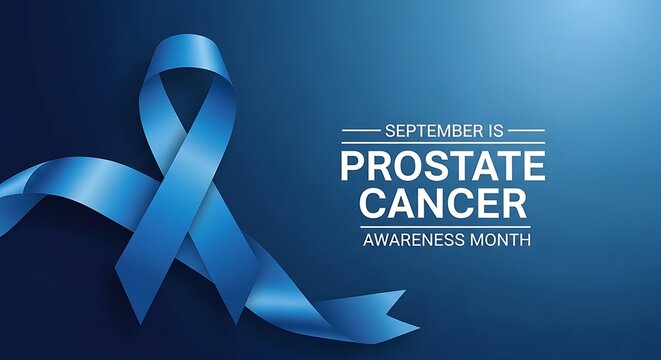 Blue awareness ribbon for prostate cancer with September is prostate cancer awareness month text