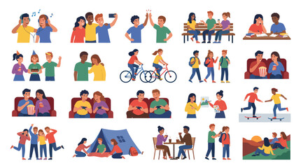 Fototapeta premium Diverse Young People and Friends: Flat Vector Illustration Set of Teenagers in Lifestyle and Social Activities.