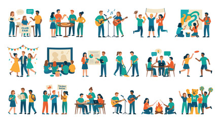 Fototapeta premium Flat Vector Illustration Set of Student Life, University Campus Activities, and Youth Social Events.