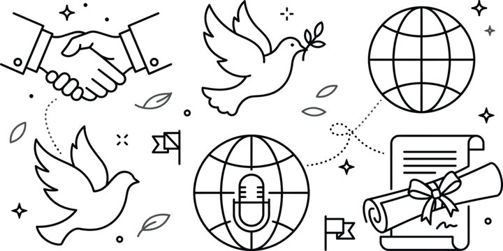 Global peace and international diplomacy line icon banner featuring handshakes flying doves treaty scrolls globes and broadcast microphones