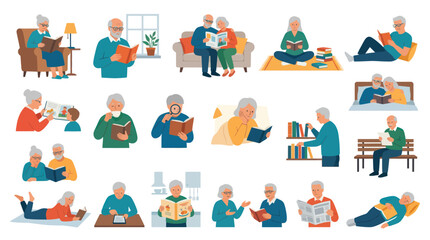 Fototapeta premium Elderly people reading books, vintage flat illustration, senior lifestyle concept