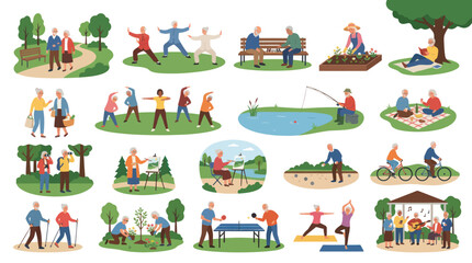 Fototapeta premium Seniors Enjoying Diverse Hobbies Outdoors, Flat Vector Illustration