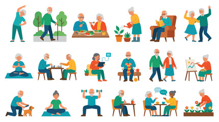 Fototapeta premium Flat Style Senior Citizens Enjoying Diverse Hobbies and Activities Vector Art