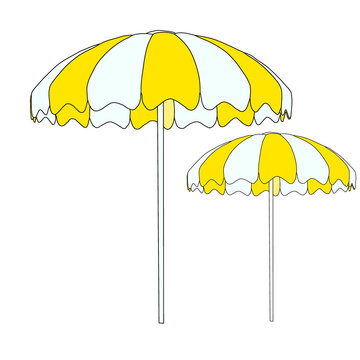 Two yellow and white striped beach umbrellas isolated on transparent background