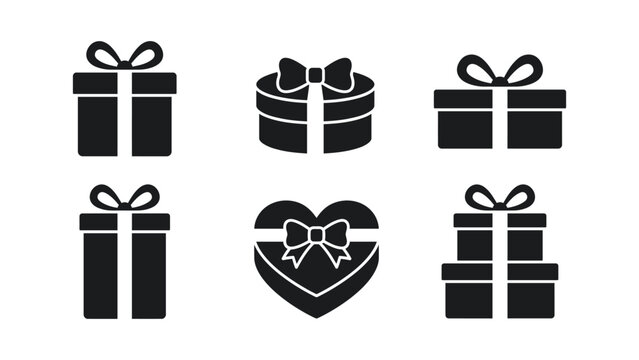 Black silhouettes of gift boxes and a heart shaped present on a white background