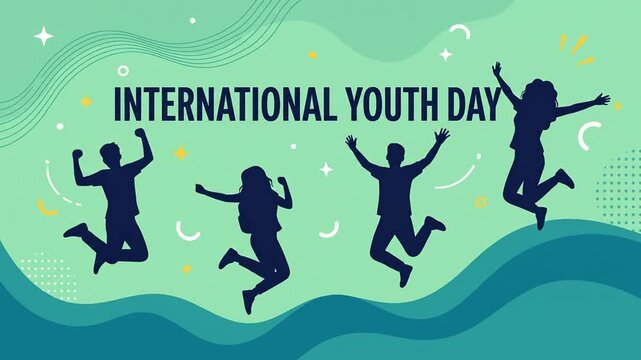 Animated 'INTERNATIONAL YOUTH DAY' graphic showing joyful jumping youth silhouettes