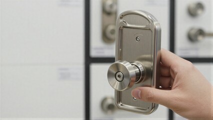 Naklejka premium Hand selects modern stainless steel door handle from display in hardware store.