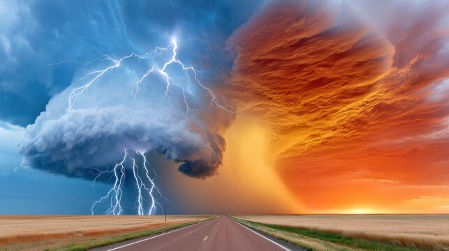 Panoramic storm chaser photograph of a dramatic supercell with lightning over an open road at sunset