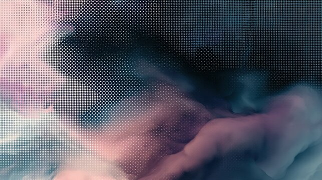 Dark abstract fluid gradient digital background with deep teal, muted pink, dusty purple and dark grey blended tones, uniform halftone dot grid overlay shifting from light pink and white