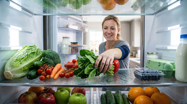 A smiling woman reaching for fresh spinach inside a well-stocked refrigerator filled with healthy fruits and vegetables.