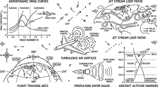 Aviation Aerodynamics Infographic with Aircraft Diagram, Jet Stream Path, and Flight Data Chart